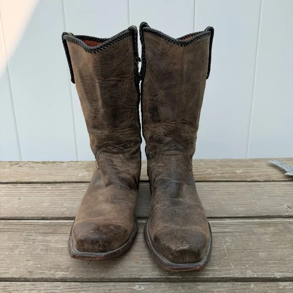 Lucchese Made Dog Laced Brown Leather Snip Square Toe Cowboy Western Boots 12D